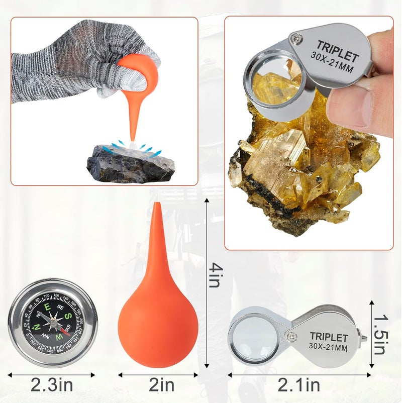 LASUK 28PCS Geology Rock Pick Hammer Kit, Gold Mining & Prospecting Equipment Tool, including 32oz Hammer, Shovel, Wooden Chisel, Magnifying Glass, Plastic Bags, Whistle, Goggles, Compass - Image 4